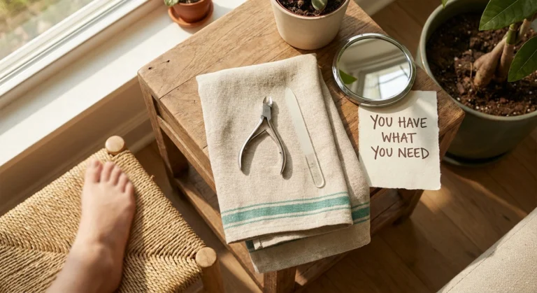 Toenail clippers, file, and magnifying mirror arranged on a side table for safe neuropathy foot care