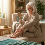 Older woman performs her daily foot inspection routine using a handheld mirror in her bedroom.
