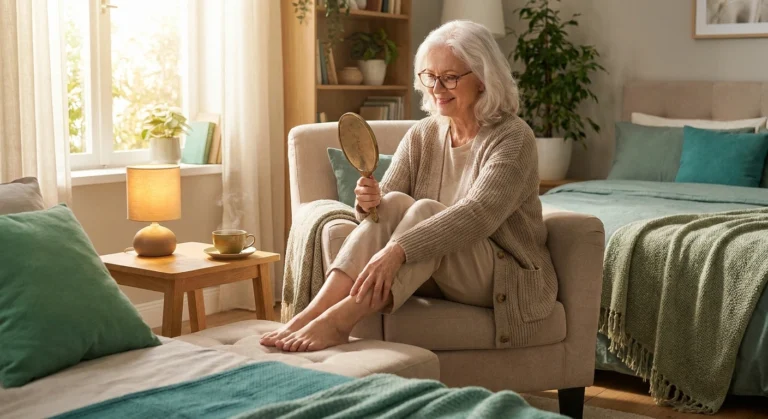 Older woman performs her daily foot inspection routine using a handheld mirror in her bedroom.