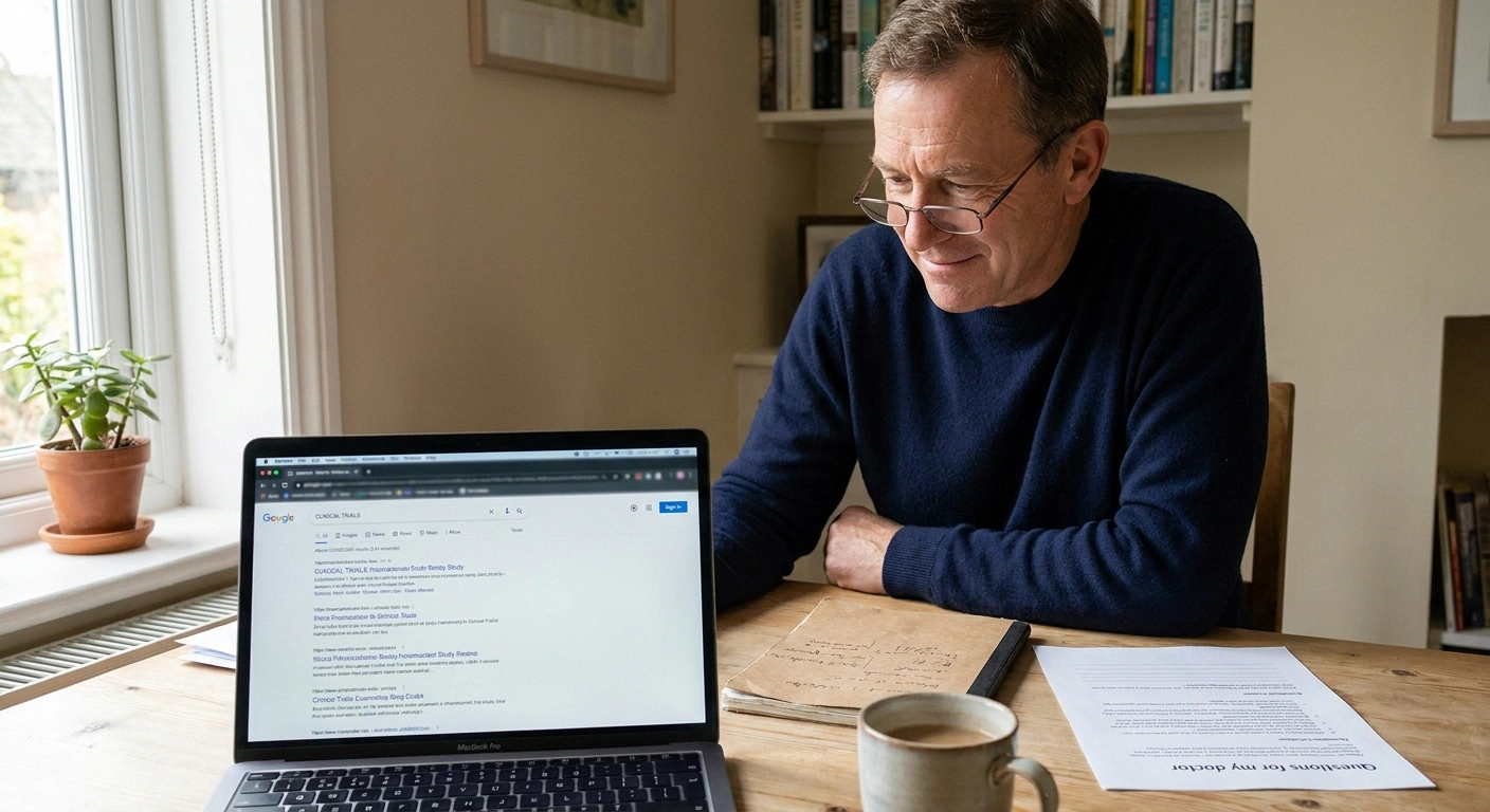 Patient researching neuropathy clinical trial enrollment options at home with notebook and laptop.