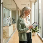 Woman reviewing 2026 neuropathy drug pipeline chart on tablet in modern pharmaceutical research environment.