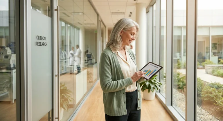 Woman reviewing 2026 neuropathy drug pipeline chart on tablet in modern pharmaceutical research environment.