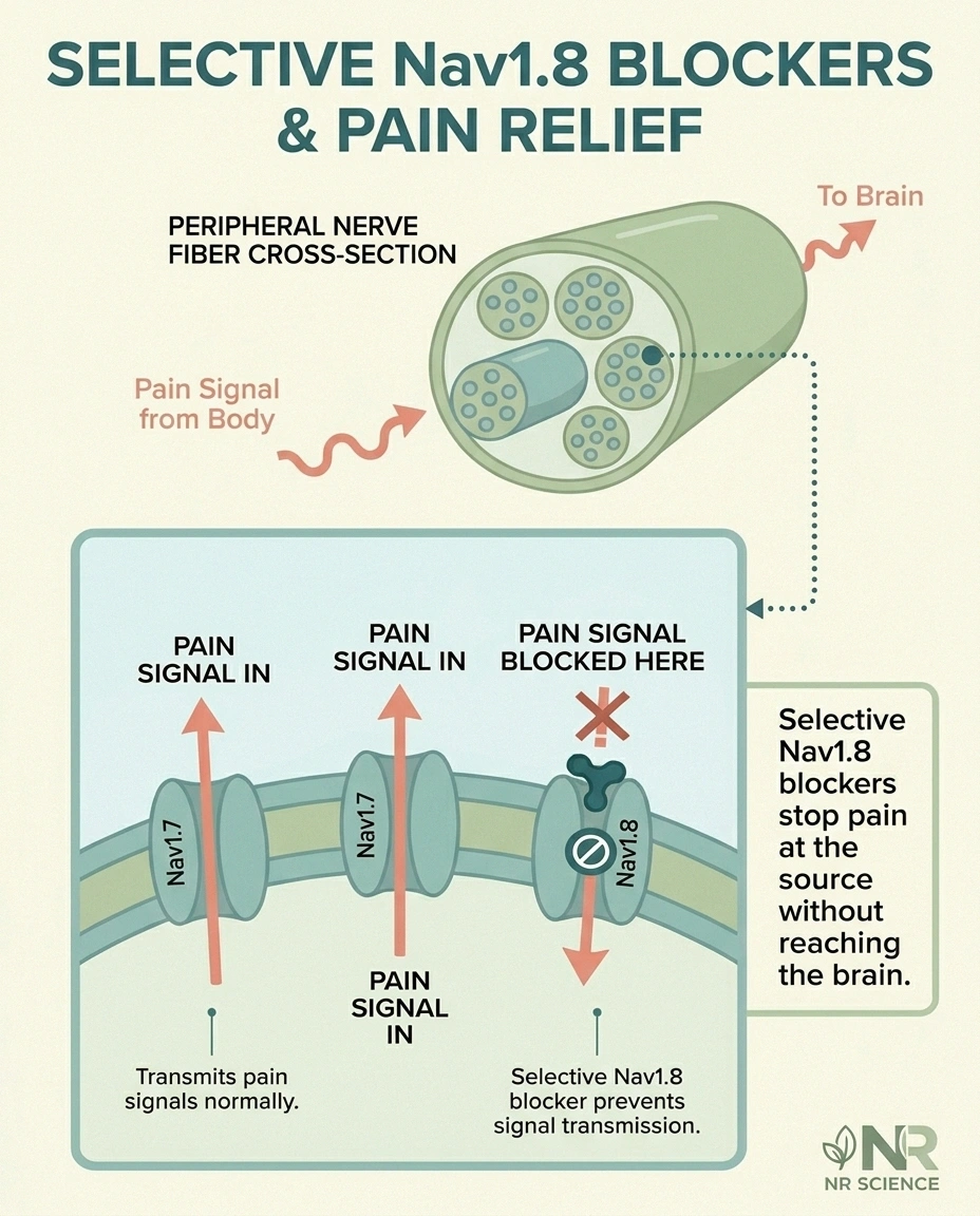 Diagram showing how selective sodium channel blockers stop neuropathic pain signaling at peripheral nerves.