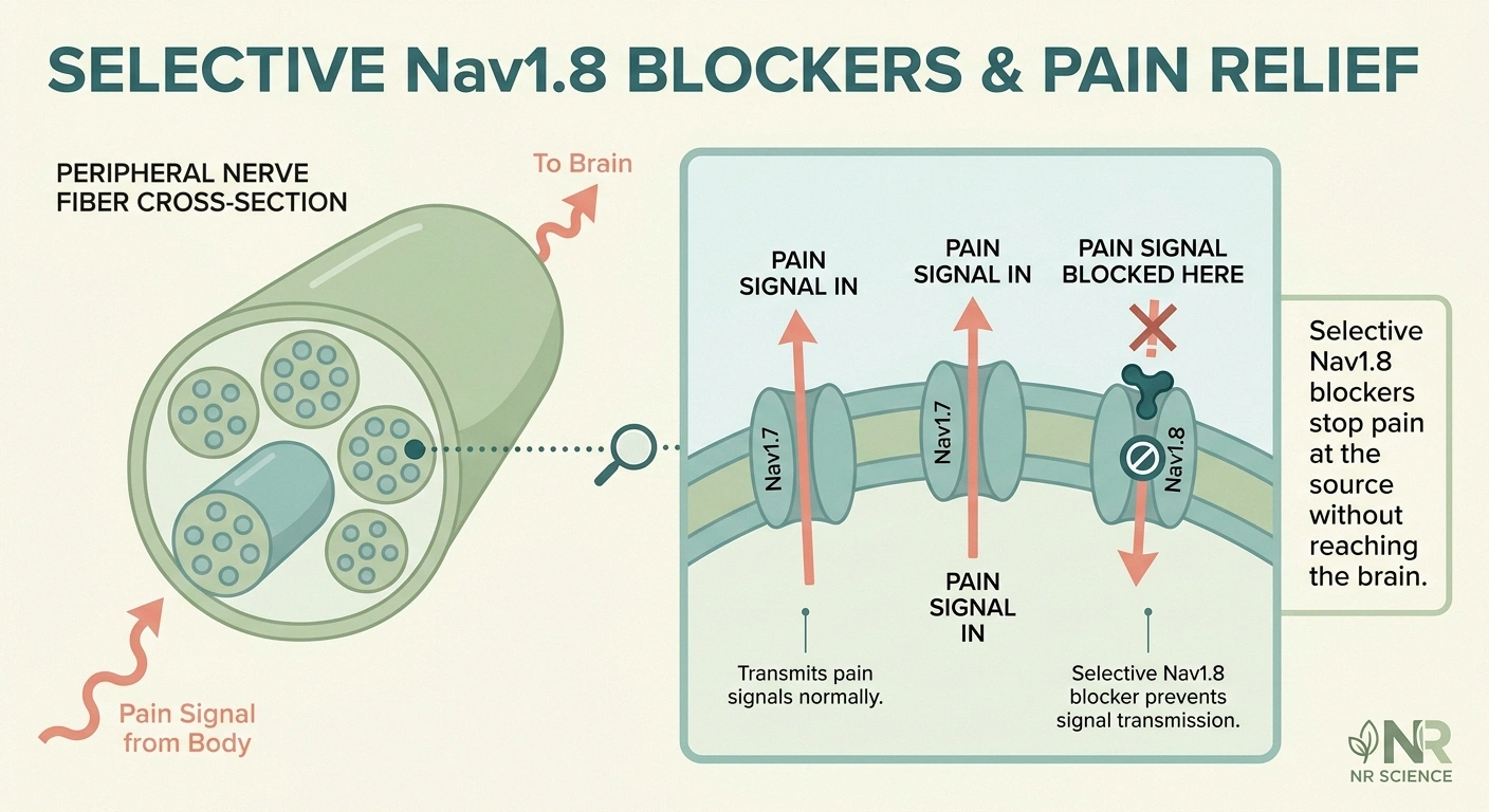 Diagram showing how selective sodium channel blockers stop neuropathic pain signaling at peripheral nerves.