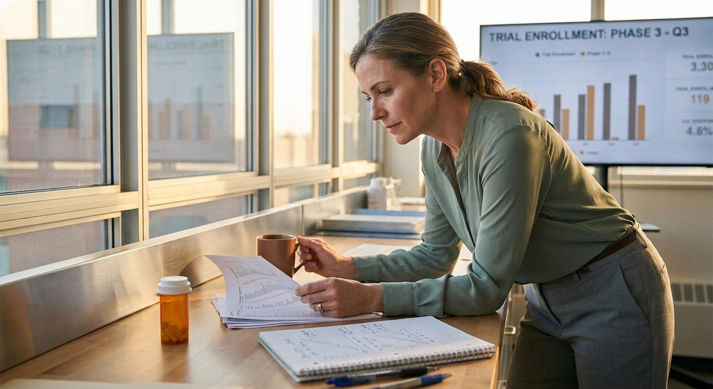 Clinical researcher reviewing diabetic neuropathic pain trial data in modern research laboratory.