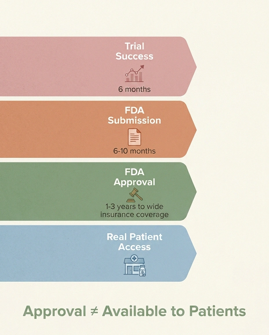 Timeline infographic showing four-stage path from neuropathy drug trial success to real patient pharmacy access.