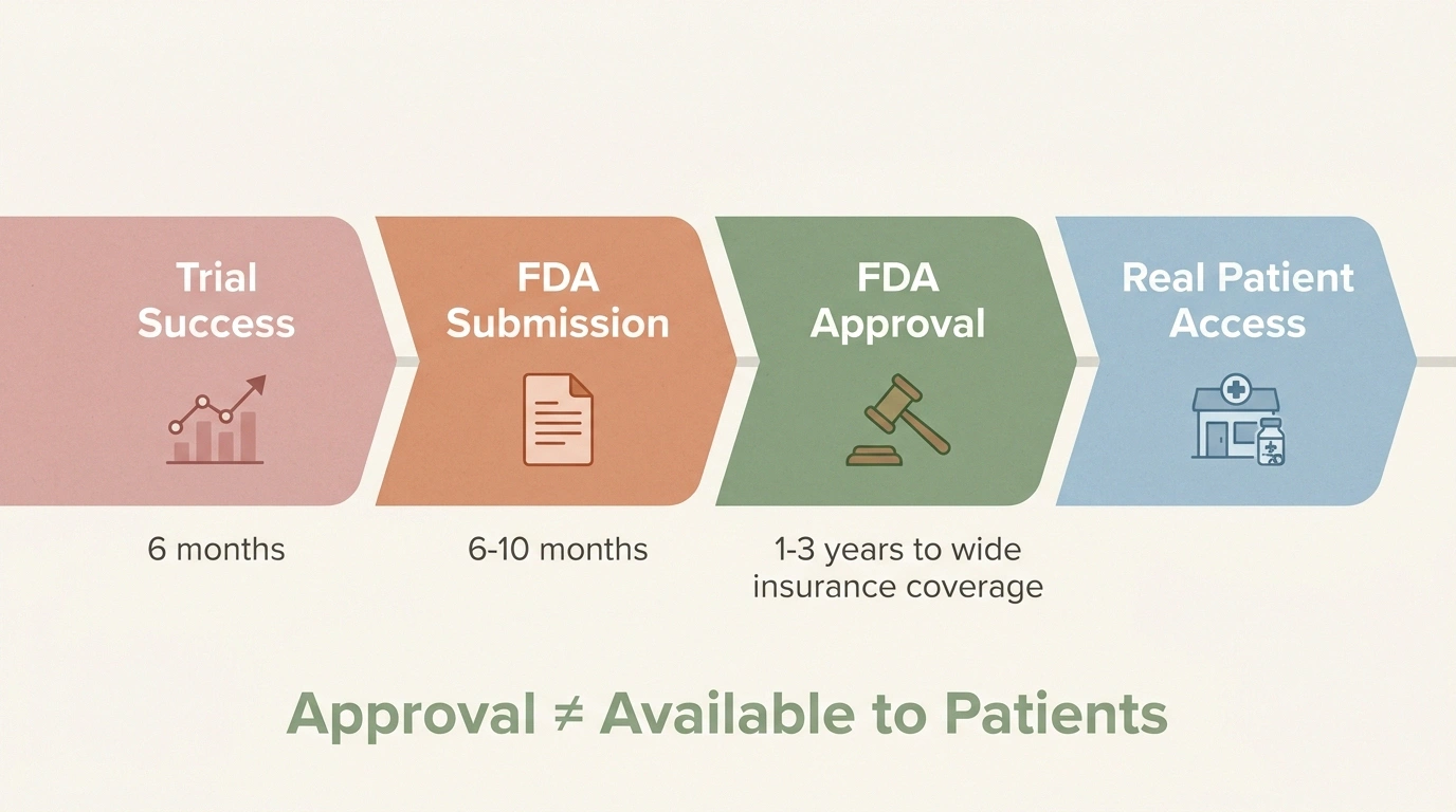 Timeline infographic showing four-stage path from neuropathy drug trial success to real patient pharmacy access.