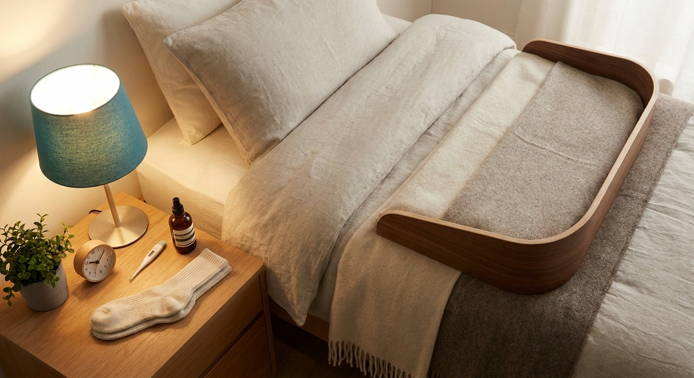 Neat bedroom with bed cradle, folded merino socks, thermometer, and moisturizer on the nightstand at bedtime