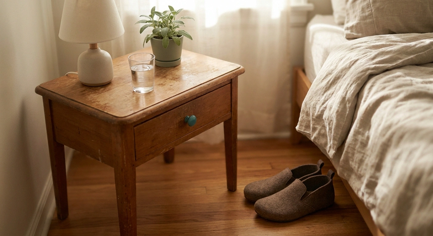 Indoor slippers placed beside the bed for immediate use upon waking with neuropathy