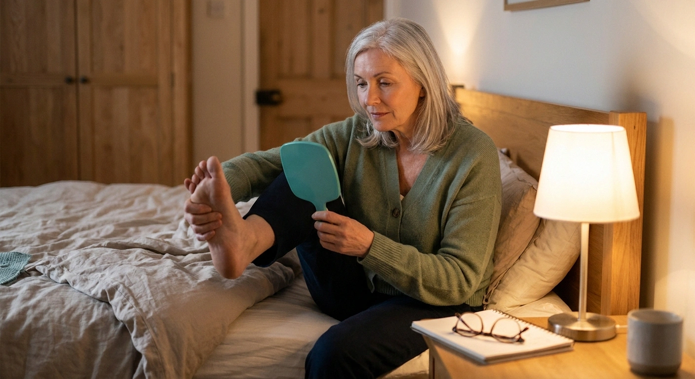 Woman with neuropathy performing her daily foot inspection routine using a handheld mirror