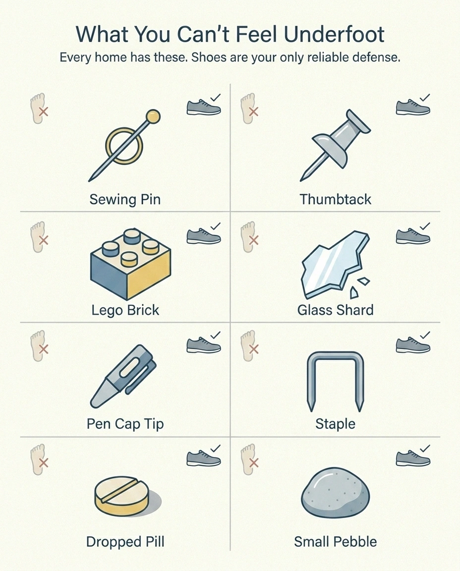 Common household hazards people with neuropathy can step on without feeling — pins, tacks, glass shards, Legos, and more