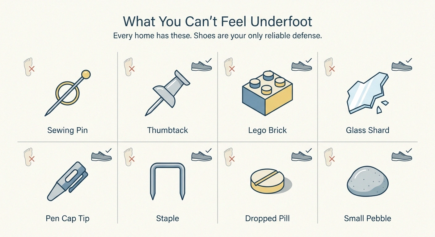 Common household hazards people with neuropathy can step on without feeling — pins, tacks, glass shards, Legos, and more