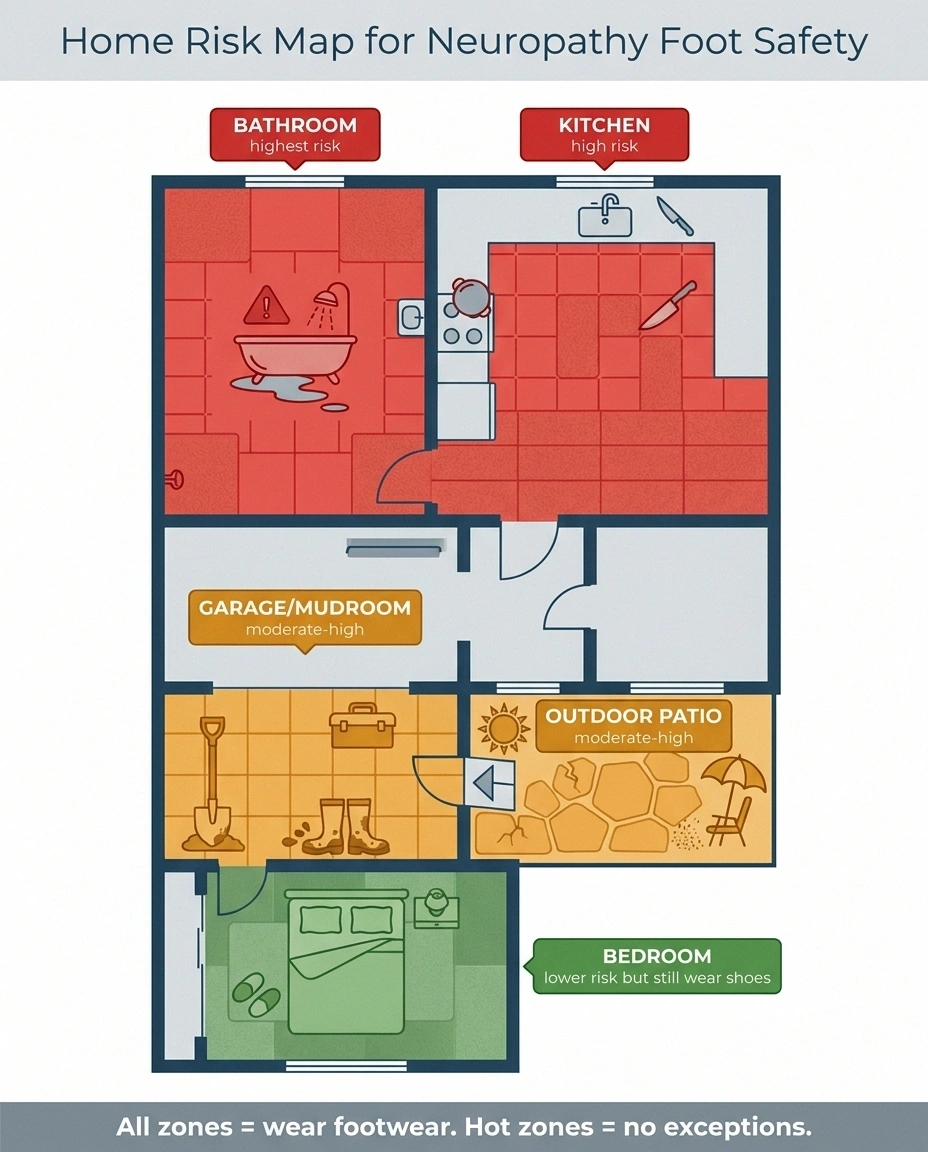 Home risk map showing which rooms are highest-risk for foot injury with neuropathy