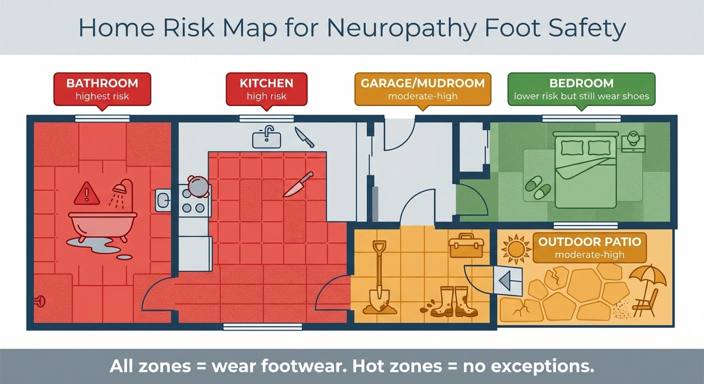 Home risk map showing which rooms are highest-risk for foot injury with neuropathy