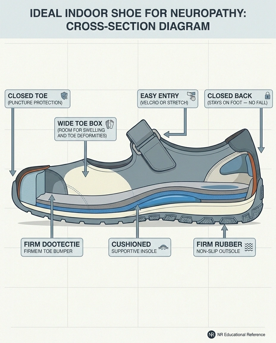 Cross-section diagram of an ideal indoor shoe for neuropathy showing protective features