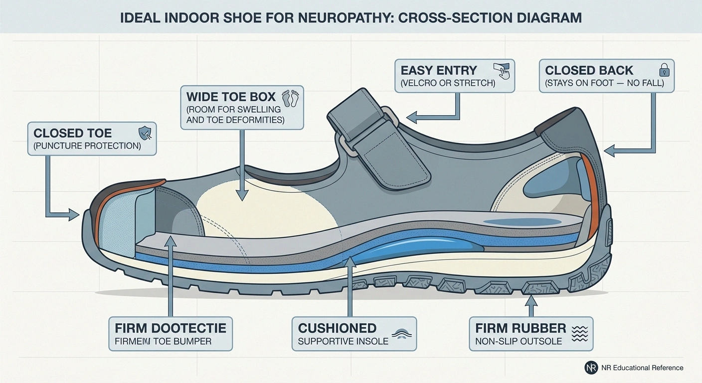 Cross-section diagram of an ideal indoor shoe for neuropathy showing protective features