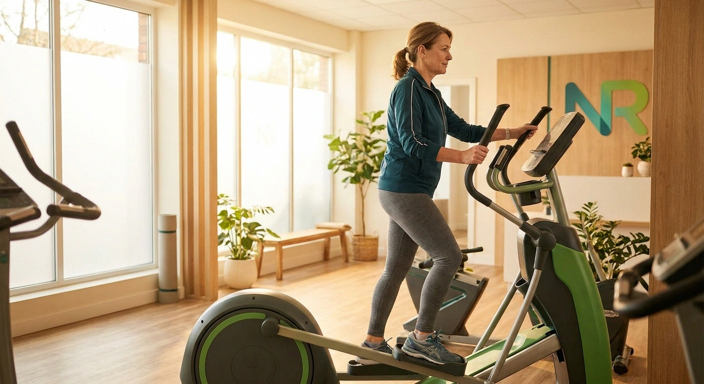 Woman with neuropathy using elliptical trainer with handle support for safe low-impact cardio