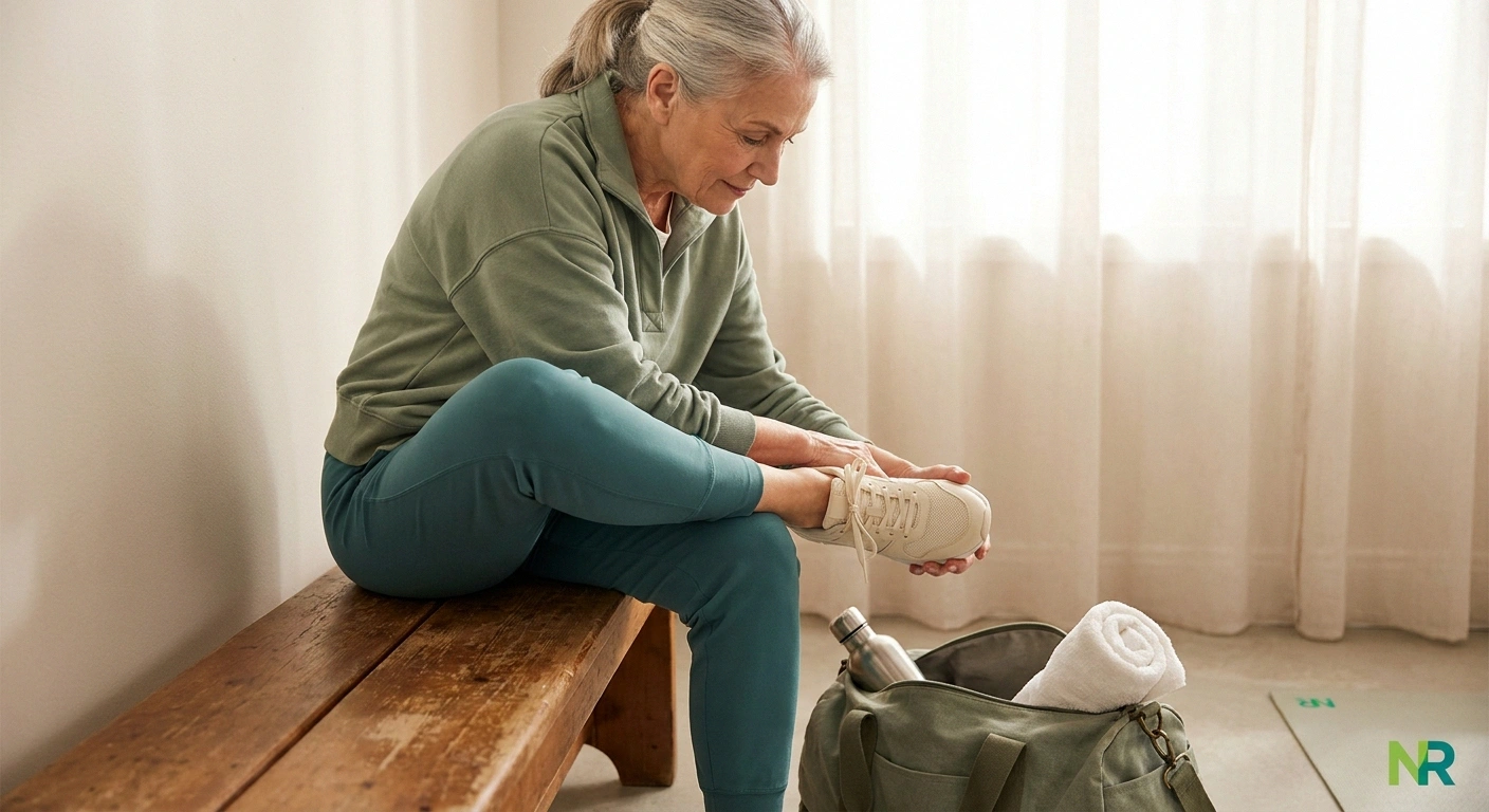 Neuropathy patient inspecting foot for blisters after gym workout as essential post-exercise routine