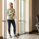 Older woman with neuropathy entering gym confidently with water bottle ready for safe workout