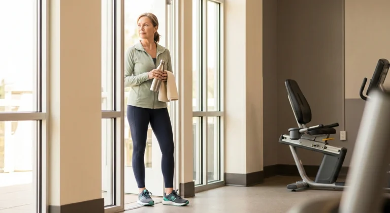 Older woman with neuropathy entering gym confidently with water bottle ready for safe workout