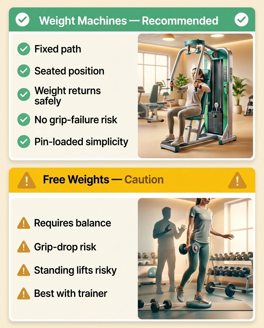 Comparison infographic showing weight machines versus free weights safety for neuropathy users