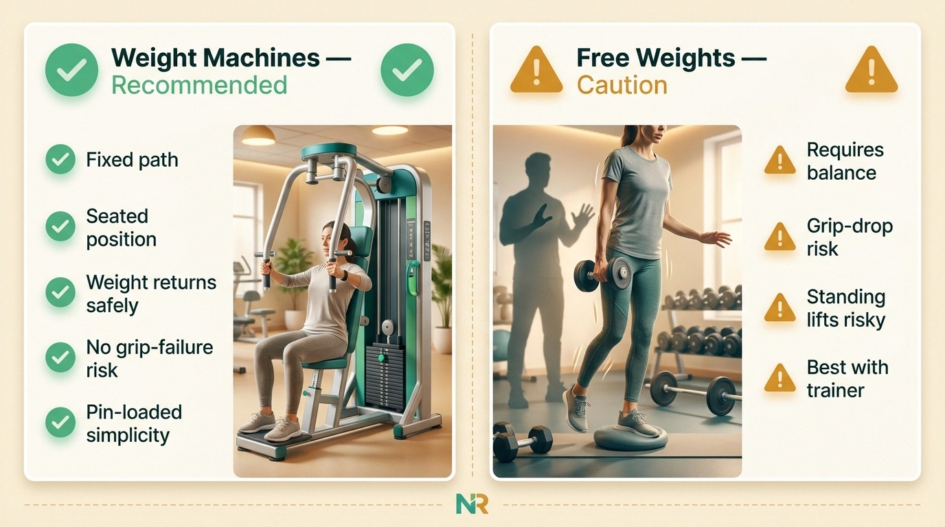 Comparison infographic showing weight machines versus free weights safety for neuropathy users