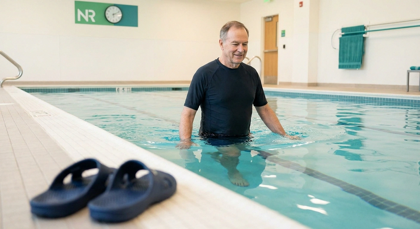 Older man water walking in indoor pool as gold standard neuropathy exercise with non-slip sandals nearby