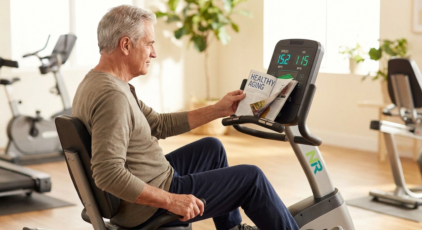 Older man riding recumbent stationary bike at moderate pace as safe neuropathy gym cardio