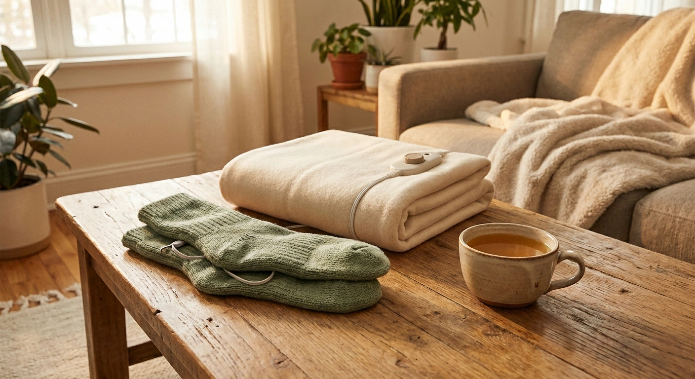Safer alternatives to a heating pad for neuropathy displayed including heated socks and warming blanket.