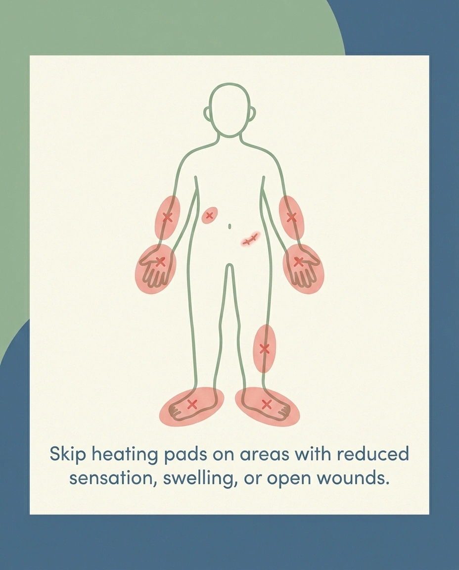 Body diagram showing areas to avoid using a heating pad on with neuropathy including feet hands swollen areas.