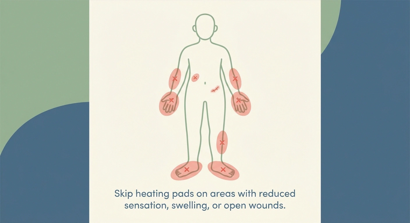 Body diagram showing areas to avoid using a heating pad on with neuropathy including feet hands swollen areas.