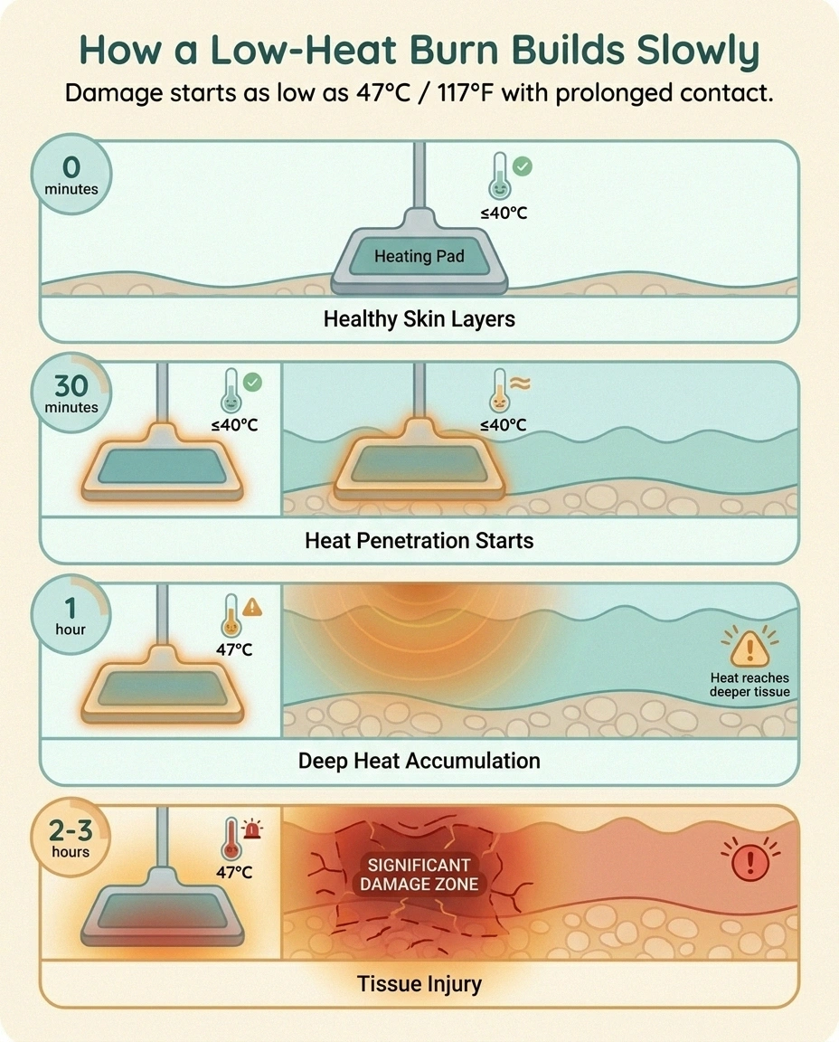 Four-panel diagram showing how a low-temperature burn builds slowly in skin layers over hours.