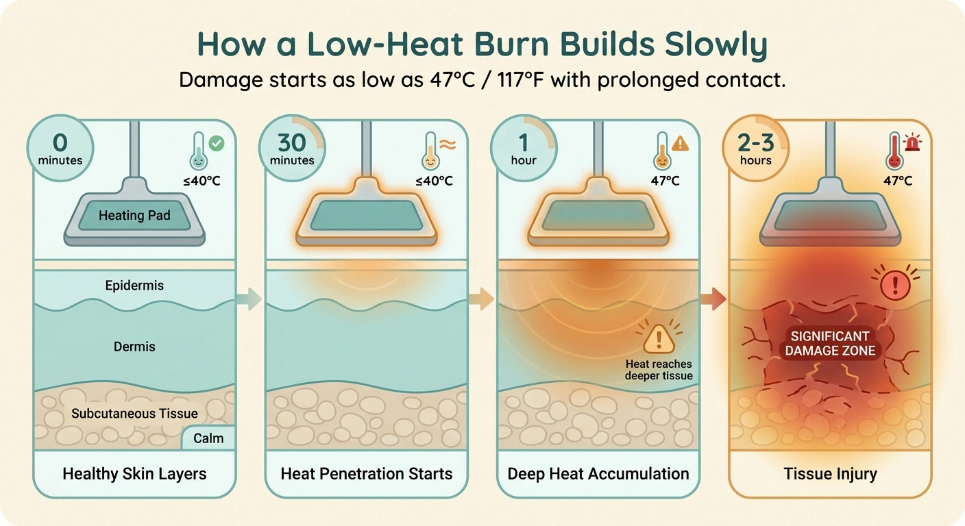 Four-panel diagram showing how a low-temperature burn builds slowly in skin layers over hours.