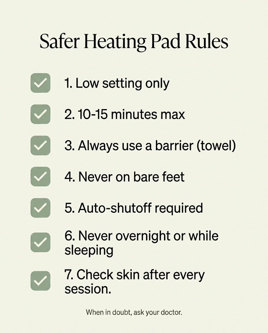 Seven-point safer-heating-pad-use checklist for people with neuropathy.