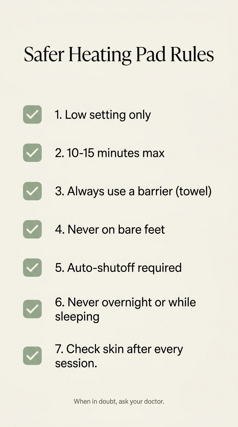 Seven-point safer-heating-pad-use checklist for people with neuropathy.