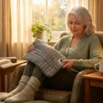Woman in cozy living room thoughtfully checks heating pad settings before use.