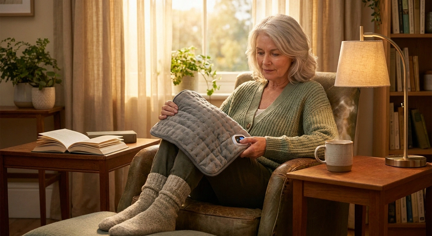 Woman in cozy living room thoughtfully checks heating pad settings before use.