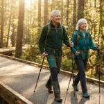 Older couple hiking together on a paved wooded nature trail with trekking poles in soft morning light.