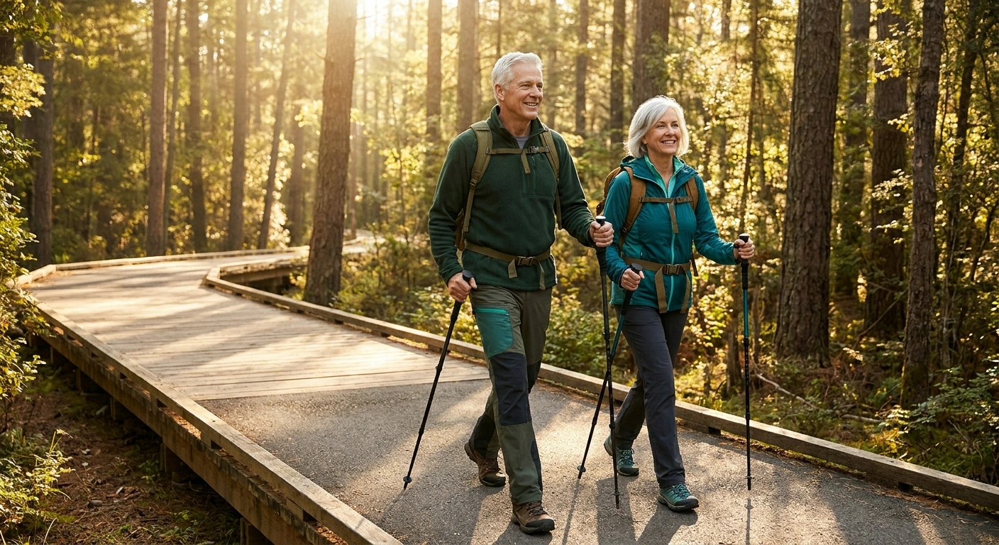 Older couple hiking together on a paved wooded nature trail with trekking poles in soft morning light.