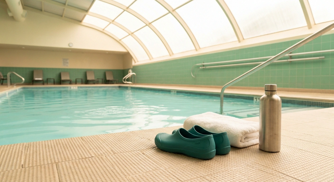 Calm community pool deck with closed-toe water shoes, towel, and water bottle ready for a safe neuropathy-friendly swim session