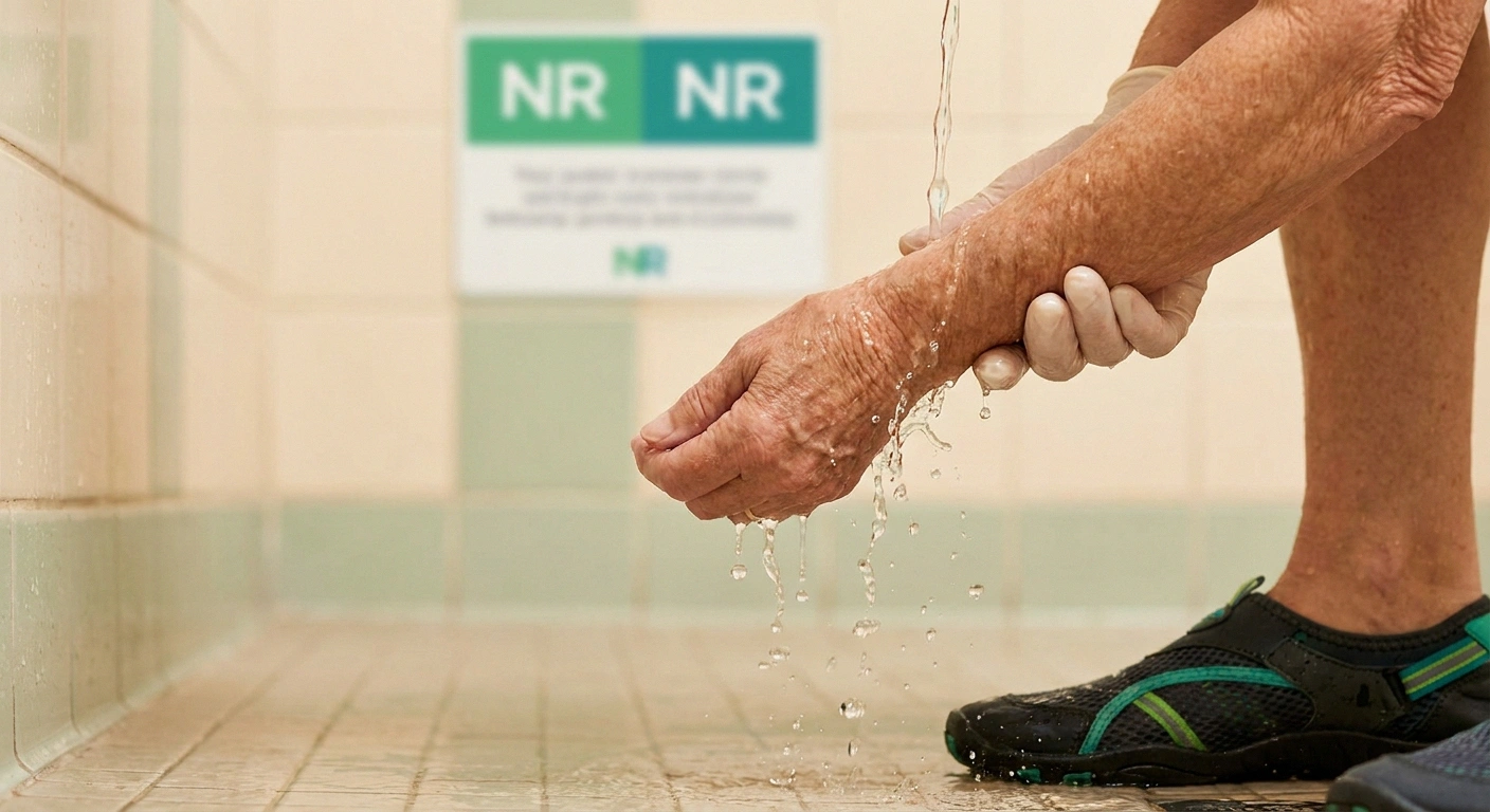 Older adult checks public shower water temperature with the inside of the wrist instead of the foot to prevent thermal burns