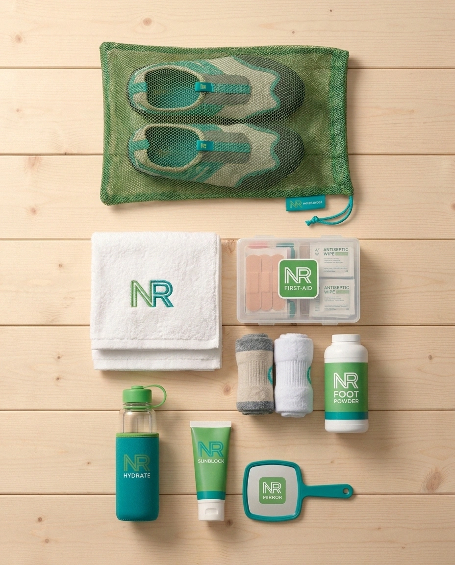Flat-lay of a properly packed neuropathy pool bag: water shoes, towels, dry socks, foot powder, first-aid kit, water bottle