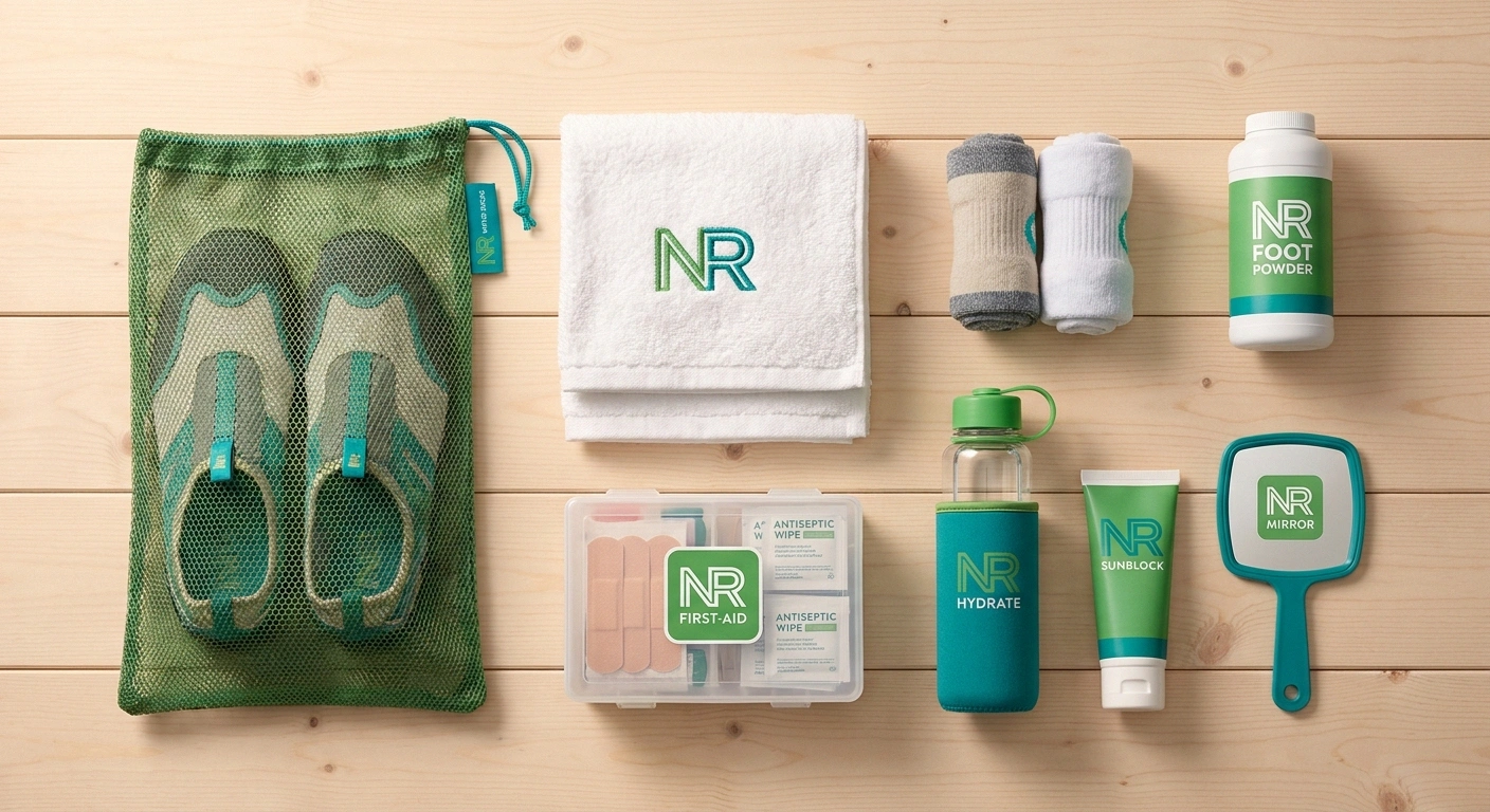 Flat-lay of a properly packed neuropathy pool bag: water shoes, towels, dry socks, foot powder, first-aid kit, water bottle