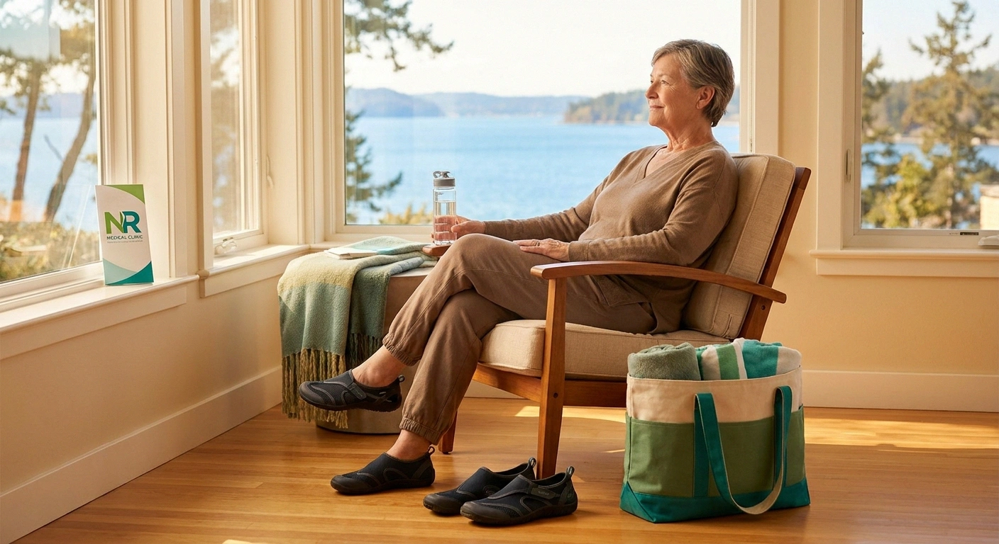 Older adult choosing to skip a pool day, resting peacefully at home with pool bag set aside — wise rest as part of long-term neuropathy management