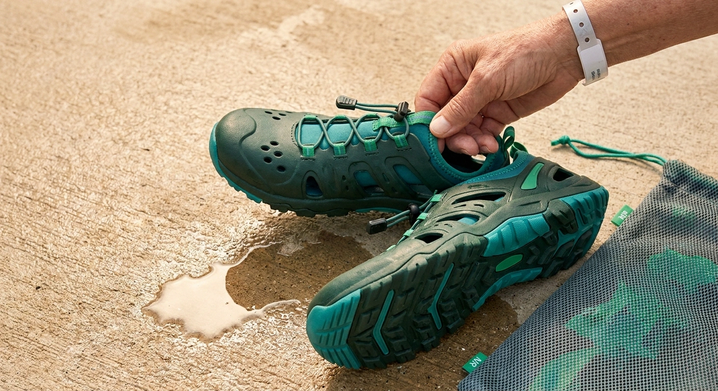 Closed-toe water shoes with aggressive tread sole, drainage channels, and elastic laces for neuropathy pool safety