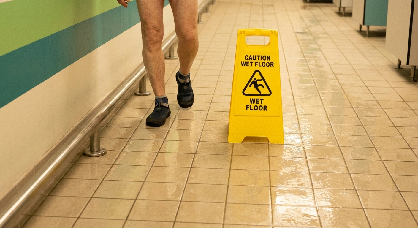 Older adult walking carefully along a wet locker room floor using a wall handrail and wearing closed-toe water shoes