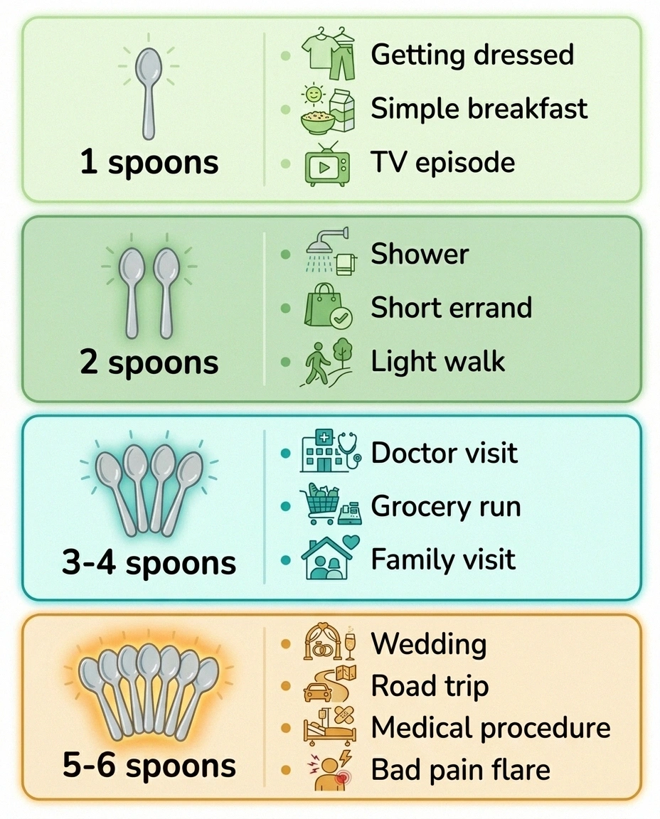 Spoon cost reference for common activities — 1, 2, 3-4, and 5-6 spoon activity tiers