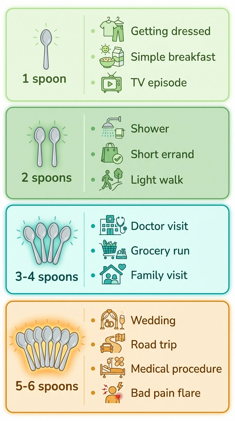Spoon cost reference for common activities — 1, 2, 3-4, and 5-6 spoon activity tiers