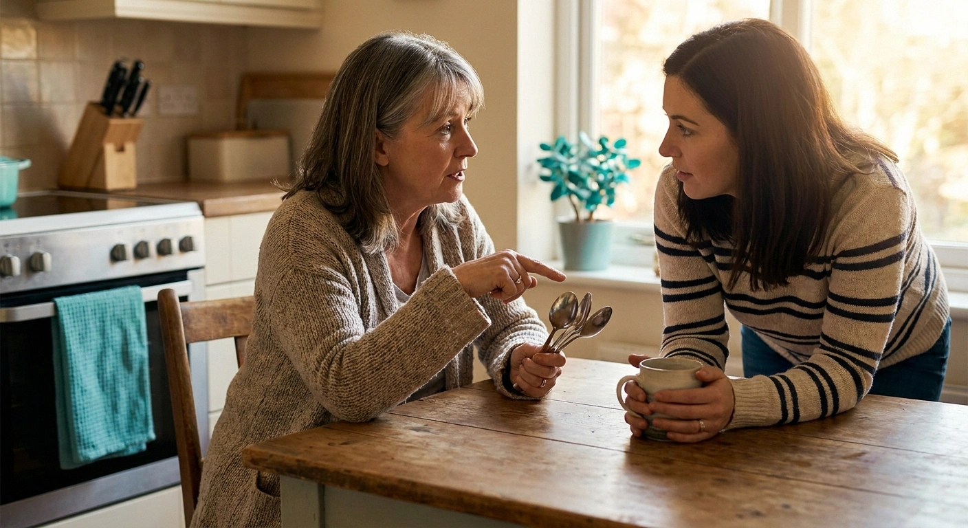 Mother explaining the Spoon Theory to her adult daughter at the kitchen table