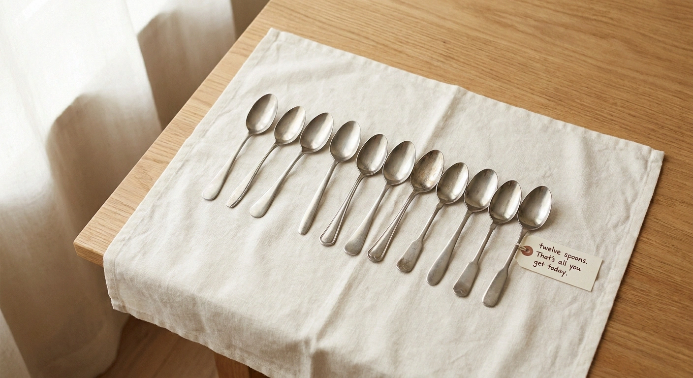 Twelve simple silver teaspoons arranged in a row representing the Spoon Theory daily energy budget